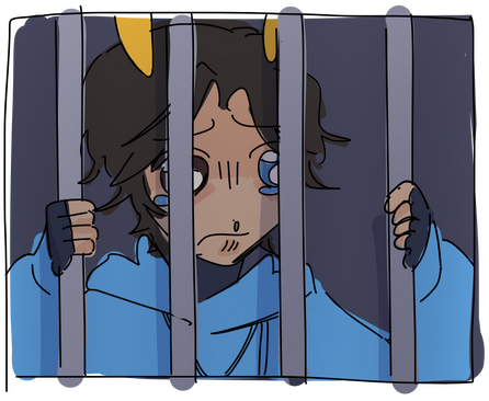 Fanart of Derapchu stuck behind jail bars, crying. Art by @notscorb on Twitter.